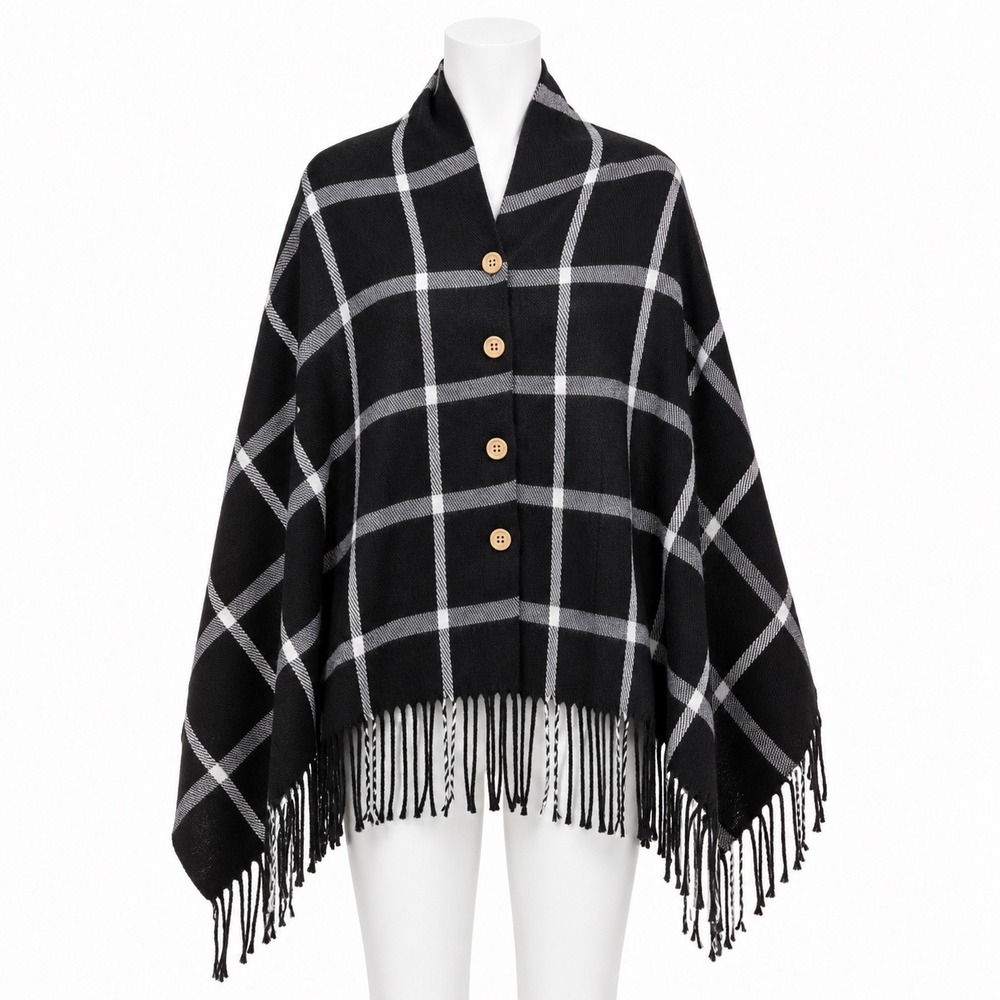 Top It Off Poncho Women OS Black White Plaid Button Front Fringe Shawl Cape Wrap
